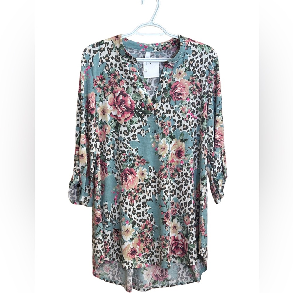NWT Honeyme Floral Animal Print 3/4 Sleeve Tunic size medium